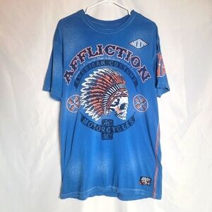 Affliction American Customs Motorcycle Head Dress Skull Blue Tshirt Men's Size L